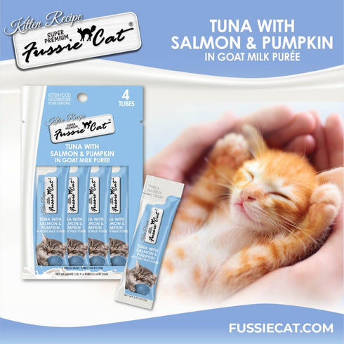 Fussie Cat Kitten Super Premium Goat Milk Puree Lickable Cat Treat - Tuna, Salmon, & Pumpkin - 4 Pack