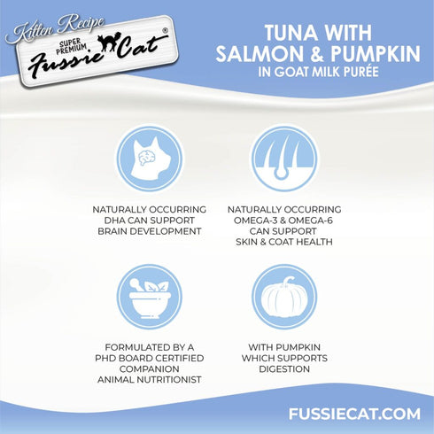 Fussie Cat Kitten Super Premium Goat Milk Puree Lickable Cat Treat - Tuna, Salmon, & Pumpkin - 4 Pack