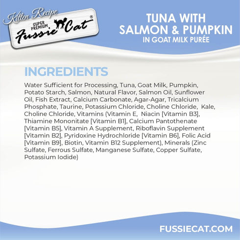 Fussie Cat Kitten Super Premium Goat Milk Puree Lickable Cat Treat - Tuna, Salmon, & Pumpkin - 4 Pack