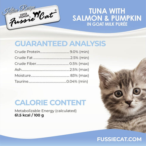 Fussie Cat Kitten Super Premium Goat Milk Puree Lickable Cat Treat - Tuna, Salmon, & Pumpkin - 4 Pack