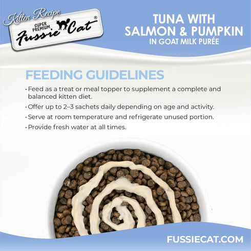 Fussie Cat Kitten Super Premium Goat Milk Puree Lickable Cat Treat - Tuna, Salmon, & Pumpkin - 4 Pack