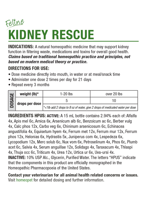 HomeoPet Feline Kidney Rescue Natural Kidney Support For Cats - 15ml Bottle
