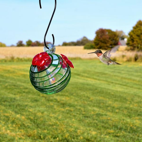 Gold Crest Green Swirl Glass Humminbird Feeder