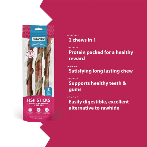 Icelandic+ Fish Sticks Dog Chew Treats - Bully & Cod - 12" 3 Pack