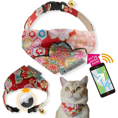 Necoichi Bandana Cat Collar with Air Tag Pocket Blossom Red Poudre Pet & Feed Supply