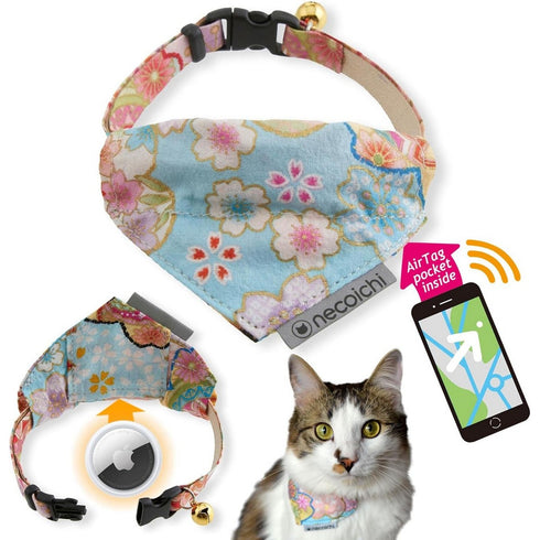 Necoichi Bandana Cat Collar with Air Tag Pocket Blossoms Baby Blue
