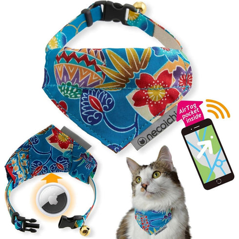 Necoichi Bandana Cat Collar with Air Tag Pocket Yukata Blue Poudre Pet & Feed Supply