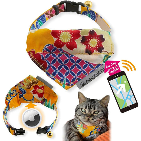 Necoichi Bandana Cat Collar with Air Tag Pocket Yukata Yellow Poudre Pet & Feed Supply