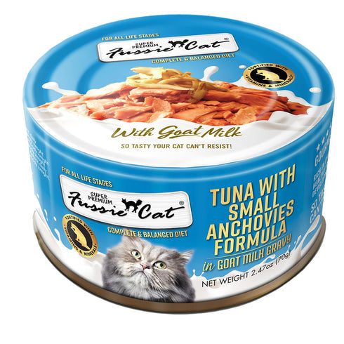 Fussie Cat Tuna with Small Anchovies Formula in Goat Milk Gravy Canned Cat Food 2.47oz - Poudre Pet and Feed Supply