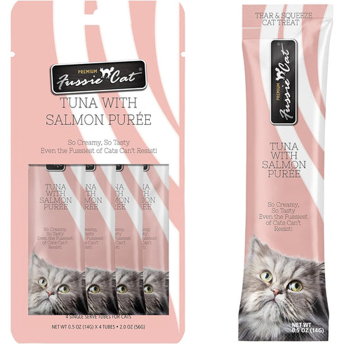 Fussie Cat Tuna Salmon Puree Lickable Cat Treats 0.5oz 4Pk - Poudre Pet and Feed Supply