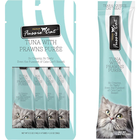 Fussie Cat Tuna Prawns Puree Lickable Cat Treats 0.5oz 4Pk - Poudre Pet and Feed Supply