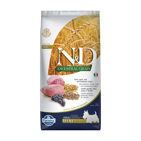 Farmina N&D Ancestral Grain Blueberry & Lamb Mini Dry Dog Food 15.4lb poudrefeed.com