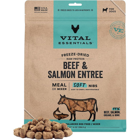 Vital Essentials Freeze Dried Soft Nibs Beef Salmon Raw Dog Food 14oz - Poudre Pet & Feed Supply