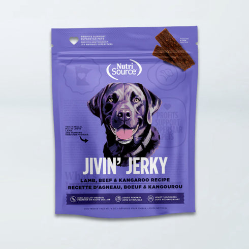 NutriSource Jivin' Jerky Dog Treats - Lamb, Beef, & Kangaroo - 4oz Pouch