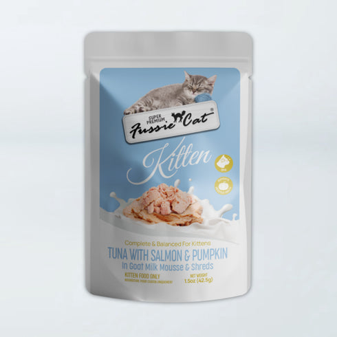 Fussie Cat Kitten Super Premium Goat Milk Mousse & Shreds Wet Cat Food - Tuna, Salmon, & Pumpkin - 1.5oz Pouch