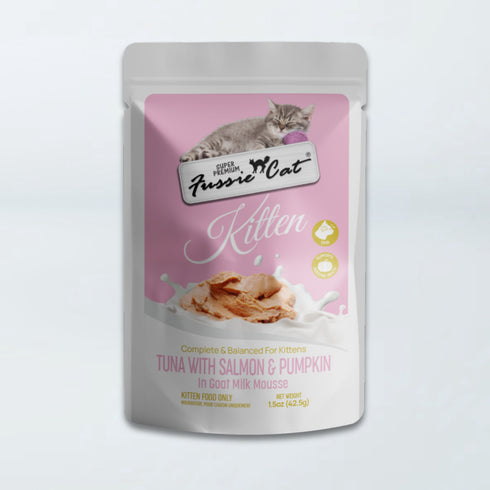 Fussie Cat Kitten Super Premium Goat Milk Mousse Wet Cat Food - Tuna, Salmon, Pumpkin - 1.5oz Pouch