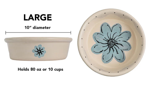 Petware Blossom Bite Ceramic Pet Bowl - Large - White & Sky Blue