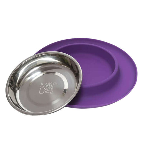 Messy Mutts Single Silicone Cat Feeder with Stainless Steel Bowl - Purple