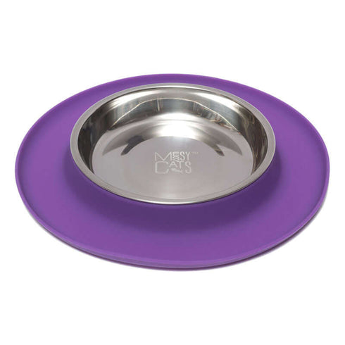 Messy Mutts Single Silicone Cat Feeder with Stainless Steel Bowl - Purple