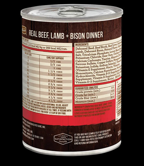 Merrick Wet Dog Food - 96% Real Beef, Bison, & Lamb - 12.7oz Can