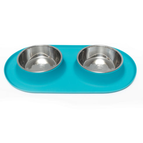 Messy Mutts Double Feeder Stainless Dog Bowl - 1.5 Cups Per Bowl - Blue