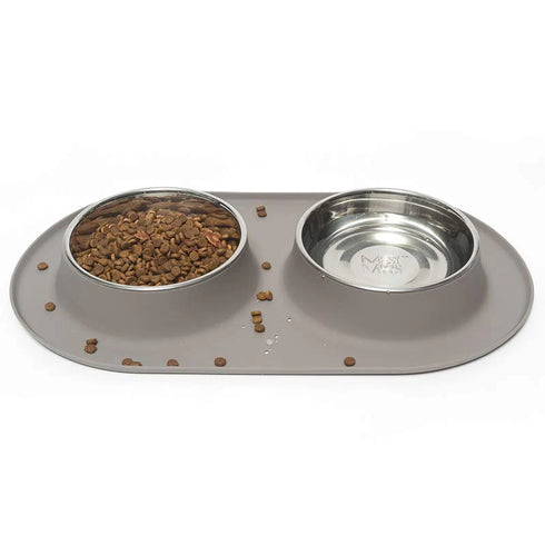 Messy Mutts Double Silicon Dog Feeder Pet Food Bowl - Medium 1.5 Cups per Bowl - Grey