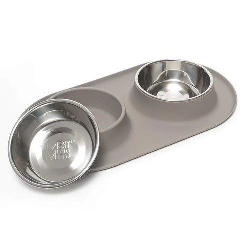 Messy Mutts Double Silicon Dog Feeder Pet Food Bowl - Medium 1.5 Cups per Bowl - Grey