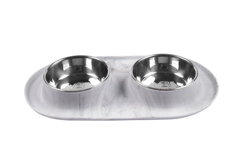 Messy Mutts Double Silicone Dog Feeder with Stainless Bowls - Large 3 Cups Per Day - Marble
