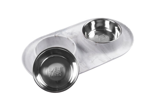 Messy Mutts Double Silicone Dog Feeder with Stainless Bowls - Large 3 Cups Per Day - Marble