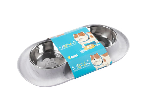 Messy Mutts Double Silicone Dog Feeder with Stainless Bowls - Large 3 Cups Per Day - Marble