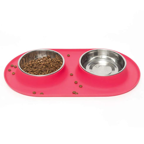Messy Mutts Double Silicon Dog Feeder Pet Food Bowl - Medium 1.5 Cups per Bowl - Watermelon Red