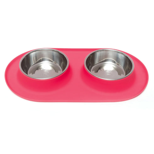 Messy Mutts Double Silicon Dog Feeder Pet Food Bowl - Medium 1.5 Cups per Bowl - Watermelon Red