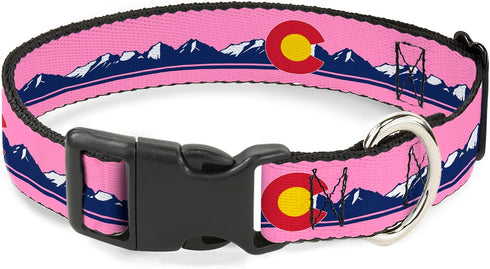 Buckle-Down Pet Collar, Colorado Flag Icon Mountain Skyline Pink Blue White, 13" - 17"