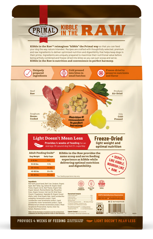 Primal Kibble In The Raw Dry Dog Food - Beef - 1.5lb Bag