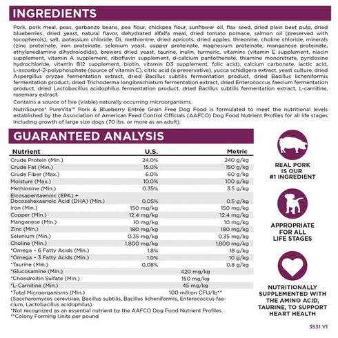 PureVita Limited Ingredient Grain Free Dry Dog Food - Pork & Blueberry - 4lb Bag