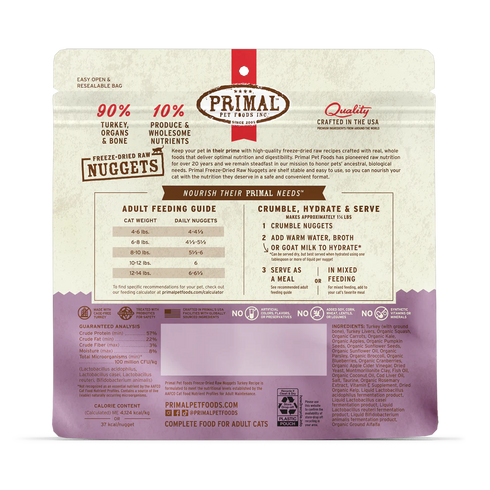 Primal Freeze Dried Raw Nuggets Cat Food - Turkey - 14oz Pouch