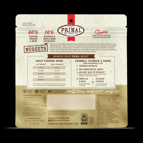 Primal Freeze Dried Raw Nuggets Cat Food - Venison - 14oz Pouch