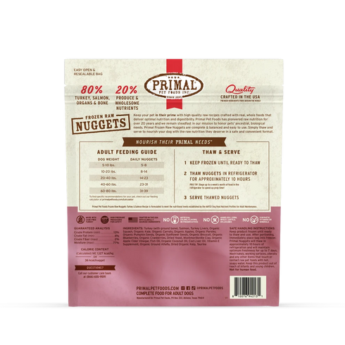 Primal Nuggets Frozen Raw Dog Food - Turkey & Salmon - 3lb Bag