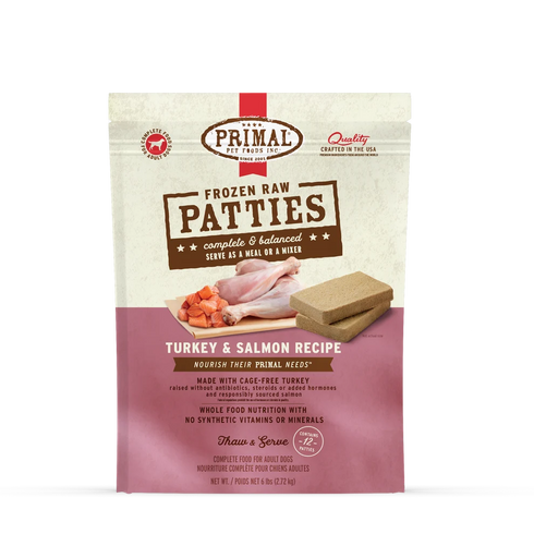 Primal Patties Frozen Raw Dog Food - Turkey & Salmon - 6lb Bag