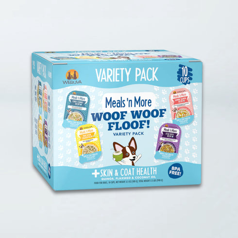 Weruva Meals 'n More Woof Woof Floof Skin & Coat Wet Dog Food Variety Pack - 10 3.5oz Cups