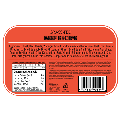 Lotus Pet Food Frozen Raw Cat Food - Beef - 3.5oz Tub