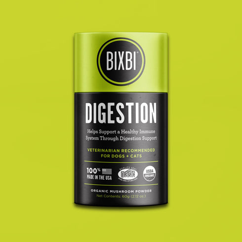 A bottle of BIXBI Digestion powdered supplement for dogs and cats