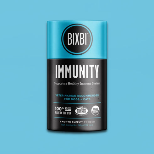 A bottle of BIXBI Immunity powdered supplement for dogs and cats