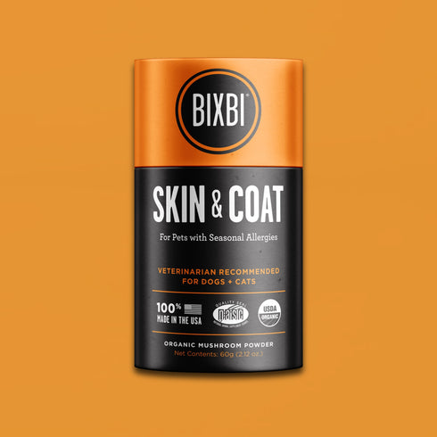 A bottle of BIXBI Skin & Coat powdered supplement for dogs and cats
