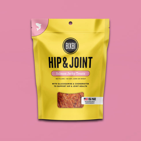 A bag of BIXBI Hip & Joint Salmon Jerky dog treats