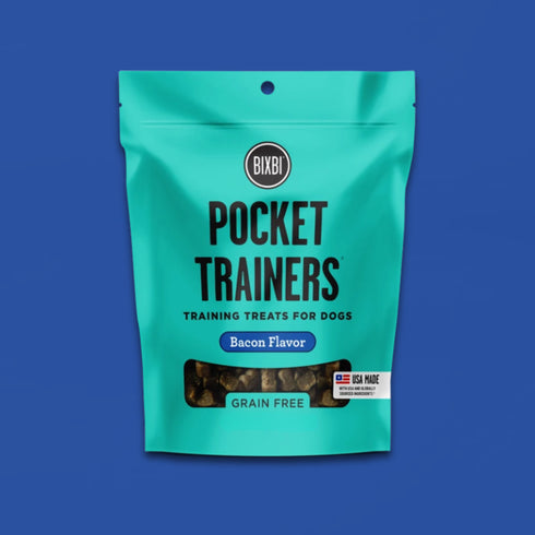 A bag of BIXBI Pocket Trainers Bacon Flavor dog treats