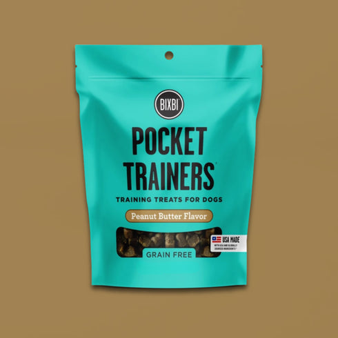 A bag of BIXBI Pocket Trainers Peanut Butter Flavor dog treats