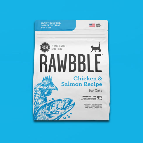 A bag of BIXBI Rawbble Freeze-Dried Chicken & Salmon Recipe cat food