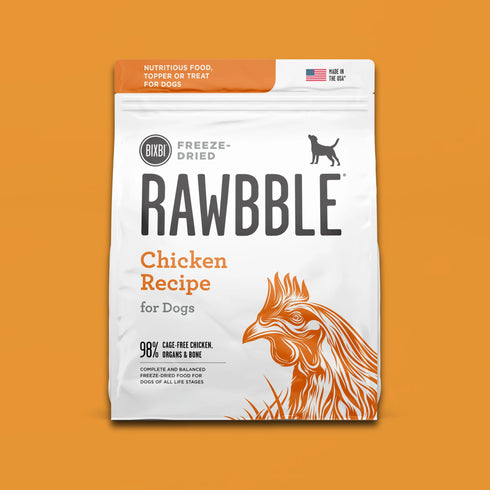 A bag of BIXBI Rawbble Freeze-Dried Chicken Recipe dog food