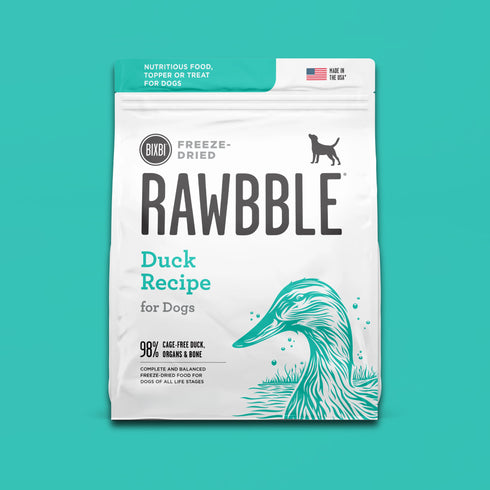 A bag of BIXBI Rawbble Freeze-Dried Duck Recipe dog food